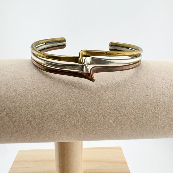 Vintage Tri Tone Mixed Metal Zigzag Cuff Bracelet Modernist Copper Brass - Picture 6 of 9